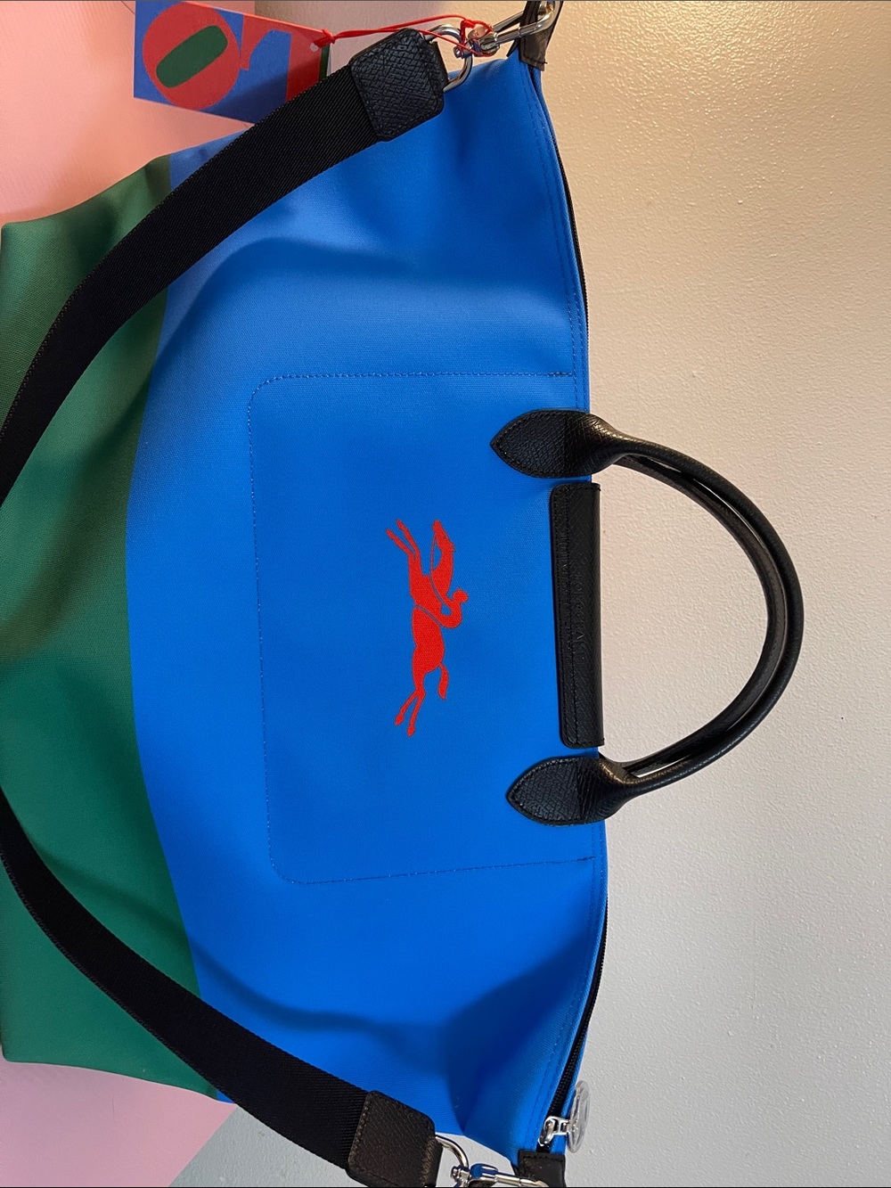 Longchamp x Robert Indiana Le Pliage handbag in a blue, red, and green colorway - Picture 3 of 9